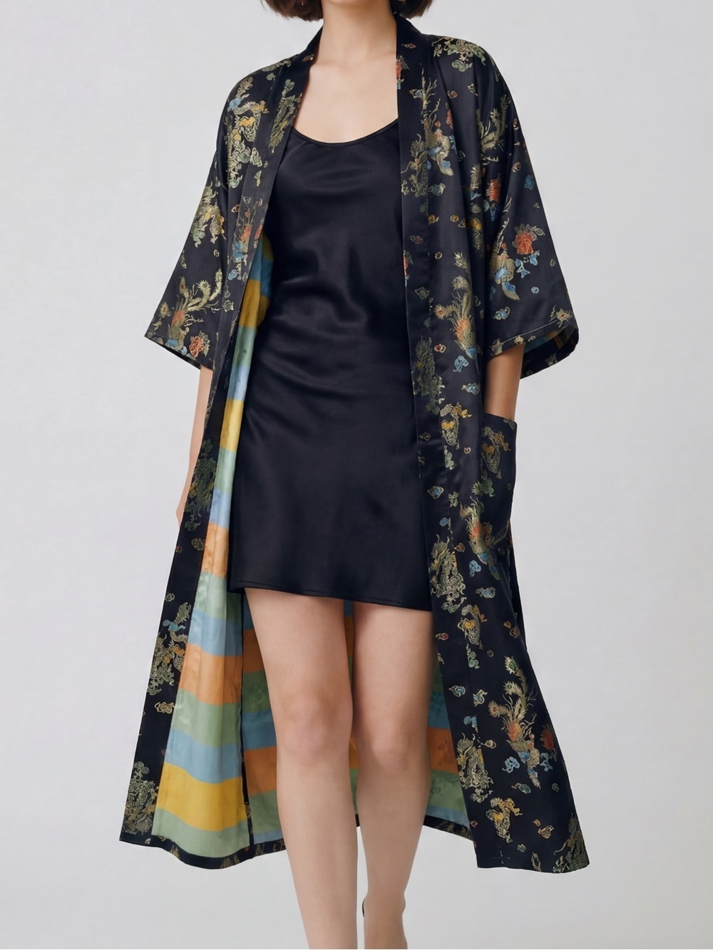 Black Gold satin kimono robe traditional Asian dragon embroidery Boho Whimsical